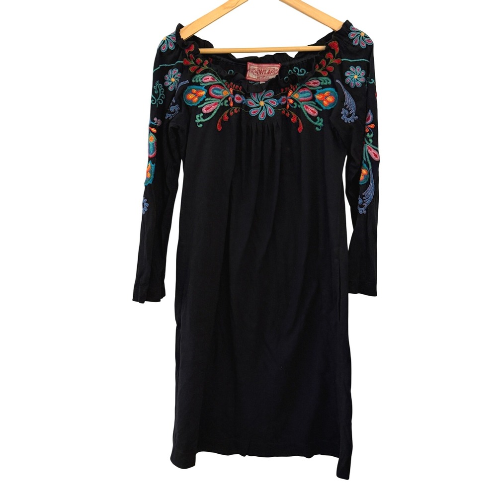 JWLA Johnny Was Embroidered Tunic Dress Womens Medium Black Floral‎ Boho